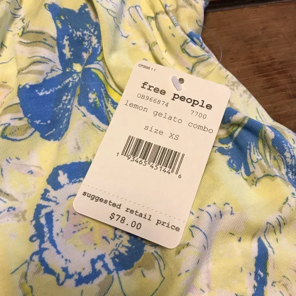 Free People Baja Babe Tee Lemon Gelato XS NWT Yellow Blue White Floral